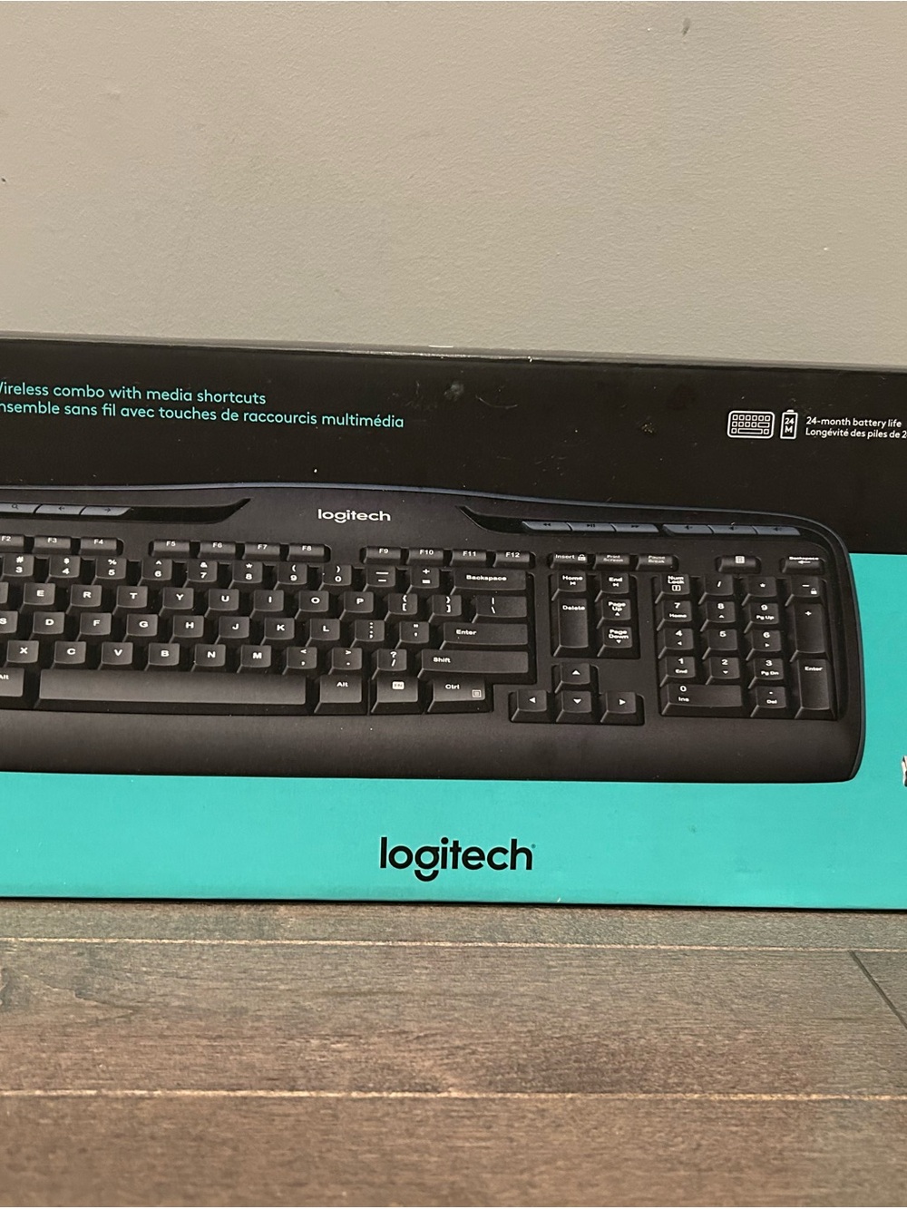 Logitech Black Wireless Full-Size Keyboard with Teal Accent Packaging